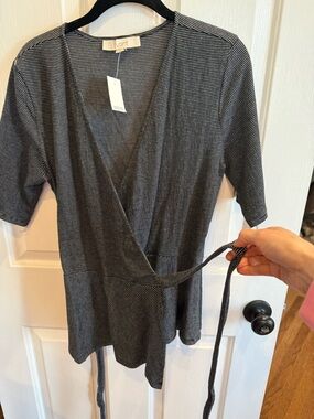 LOFT Black and White Striped Wrap Top